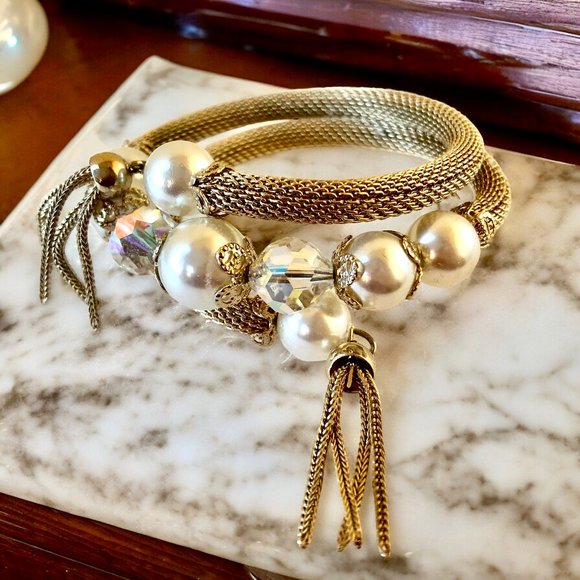 Vintage Gold-tone Bracelet SPRING COIL WRAP Beads Pearls Tassels - Picture 9 of 10